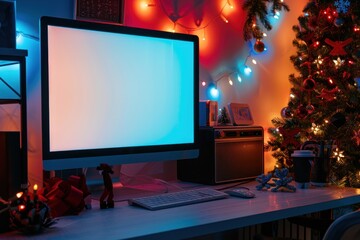 A computer mockup white screen glowing , room with Christmas decor with colored glowing garlands at night