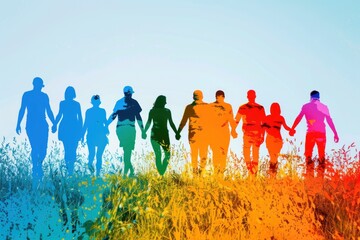Obraz premium A group of colorful people silhouette are holding hands walking together in a field