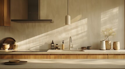 白いカウンタートップと木製キャビネットのキッチン