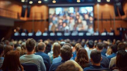 Back view of audience in the conference hall or seminar meeting with large media screen showing video presentation business and education concept.