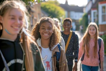 a happy group of teenage schoolchildren walking down a sunny street to or from school