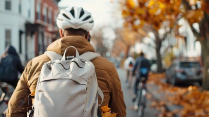 A cyclist wearing a helmet and backpack is riding along a leafy street in the autumn season, capturing a sense of adventure and the beauty of natural changes.