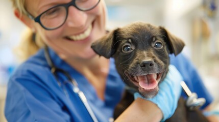A veterinarian in blue scrubs is holding a happy smiling puppy in a clinic setting, exemplifying the joyful moments and dedication in veterinary care.