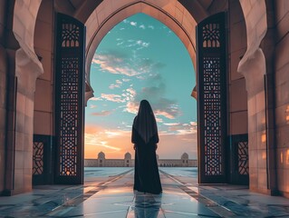 a person in a robe looking at a building