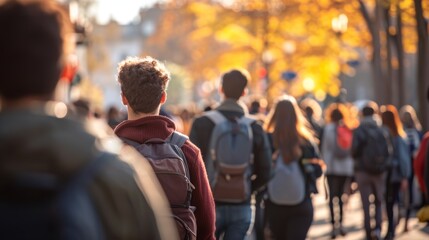 College students walking in a rush on college university campus