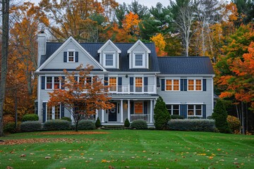 a large house with a lawn and trees in the background