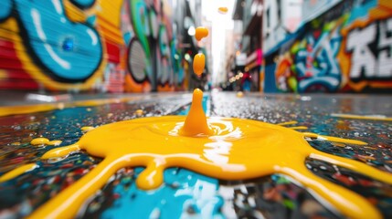 Dynamic splash of vibrant yellow paint caught mid-air, adding a burst of color and energy to an urban alley filled with graffiti, capturing an essence of street art.