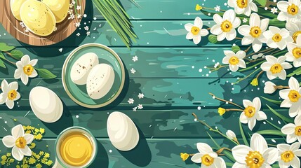 Spring themed flat lay with daffodils and decorated eggs on a rustic wooden table, perfect for Easter or seasonal celebrations.