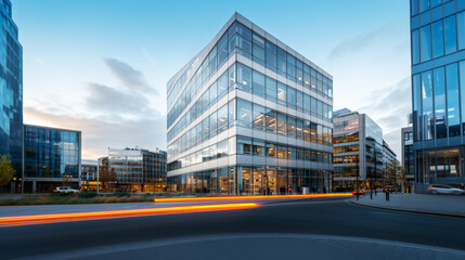 Obraz premium Modern Office Building at Dusk with Light Trails 