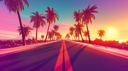 Road trip adventure, palm and sea landscape. Travel concept.