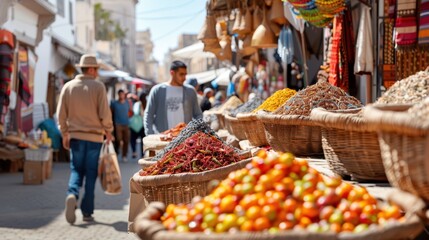 Obraz premium A bustling market street with a variety of colorful spices and goods displayed in wicker baskets, capturing the essence of a lively marketplace atmosphere.