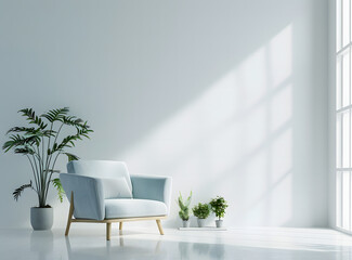 Naklejka premium White wall background, modern interior design of living room with sofa and flower pots