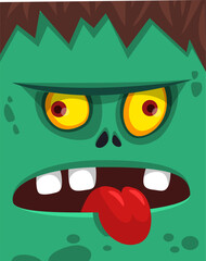 Cartoon funny green zombie character design with scary face expression. Halloween vector illustration isolated on white. Party poster, package design 