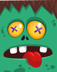 Cartoon funny green zombie character design with scary face expression. Halloween vector illustration isolated on white. Party poster, package design 