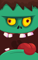 Cartoon funny green zombie character design with scary face expression. Halloween vector illustration isolated on white. Party poster, package design 