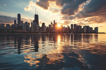 A stunning view at sunset, with colorful clouds in the sky and buildings illuminated by the fading light, Big city skyline reflected in water during sunset, AI generated