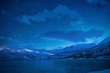 a lake with snow covered mountains and stars in the sky