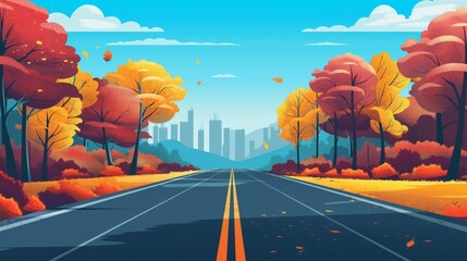 Road trip adventure, autumn city landscape. Travel concept.
