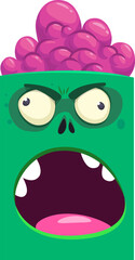 Fototapeta premium Cartoon funny green zombie character design with scary face expression. Halloween vector illustration isolated on white. Party poster, package design 