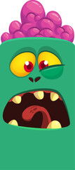 Cartoon funny green zombie character design with scary face expression. Halloween vector illustration isolated on white. Party poster, package design 