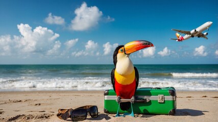 Obraz premium Toucan bird with a suitcase on the beach. Time to fly to the resort, tour to the islands