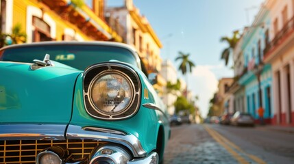 A classic turquoise car is parked on a vivid, colorful street, highlighting the vibrant culture and historical charm of the old cityscape on a sunny day.