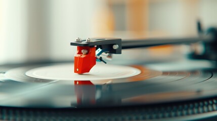 A detailed close-up shot of a turntable's needle playing on a vinyl record, capturing the essence of analog music playback in a modern setting.