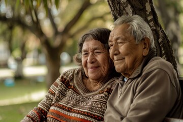 A senior couple sits together on a park bench, enjoying the day and each other's company