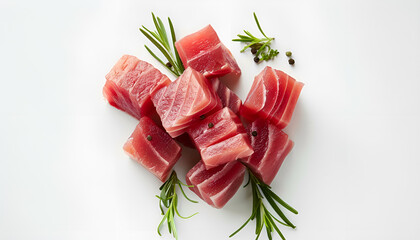 Tasty sashimi (pieces of fresh raw tuna) on white background, top view