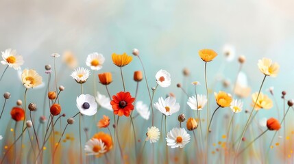 A stunning variety of colorful wildflowers including white, yellow, and orange blossoms, blooming amid lush green grass in a serene meadow under a soft, blue sky.