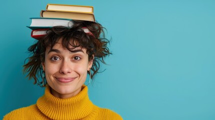 A satisfied woman successfully balances books on her head, standing against a blue background, and displaying a content expression while embodying balance, knowledge, and determination.