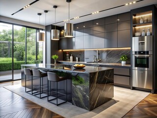 Sleek modern kitchen features handleless cabinets with black edges, black glass appliances, and stunning marble island and countertops, exuding luxury and sophistication.
