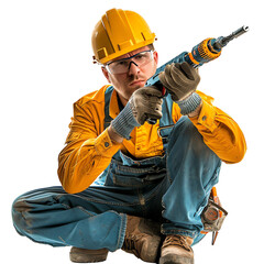 Construction worker in protective gear and yellow helmet using a power drill for heavy-duty work.