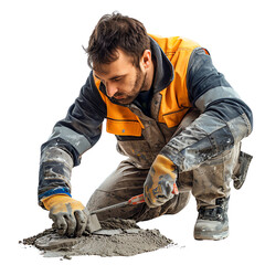 Construction worker in protective gear and safety equipment troweling cement on a building site, focusing on masonry work.