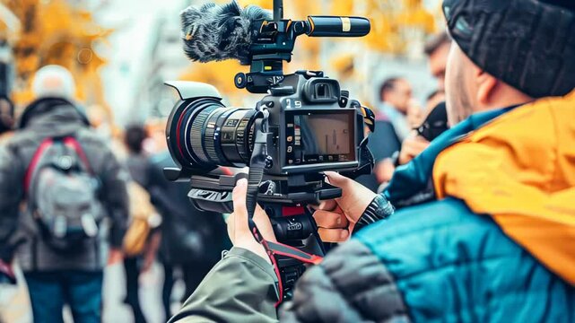 Close-up of hands operating a professional video camera