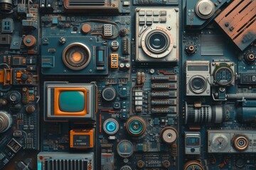 A collection of electronic devices placed on a table in a room, Background featuring a range of futuristic gadgets, AI generated