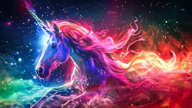 A beautiful magical unicorn with colorful long mane in space