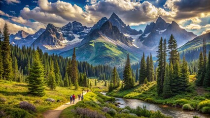 Fototapeta premium Serene mountain landscape with winding trails, scenic trees, and majestic peaks, capturing the essence of a joyful group hike in the American wilderness.