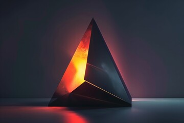 Futuristic Glowing Pyramid Sculpture with Dark Background and Red-Orange Light Effects
