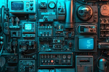 Fototapeta premium Room with multiple electronic gadgets displayed on a table, Background featuring a range of futuristic gadgets, AI generated