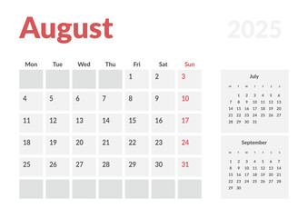 Monthly page Calendar Planner Templates of August 2025. Vector layout of simple calendar with week start Monday for print. Page for size A4 or 21x29.7 cm