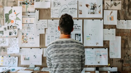 Man analyzing complex data on wall charts - Rear view of a man contemplating intricate data displays and charts on a wall symbolizing analysis and strategy