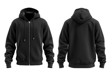 Black hoodie mockup, front and back view, isolated on white background.