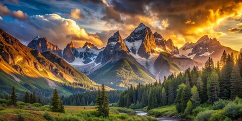 Majestic mountain peaks stretch towards the sky as a serene valley unfolds, bathed in warm golden light, evoking a sense of wonder and tranquility.