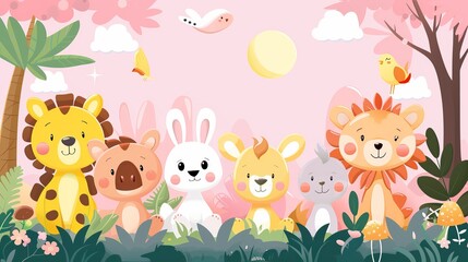Naklejka premium Cute Animals in a Pink Forest
