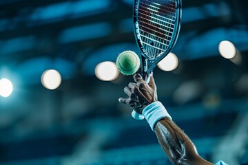 A close-up view of a tennis player's hand gripping the racket as they swing for a powerful forehand shot, the ball flying towards the court