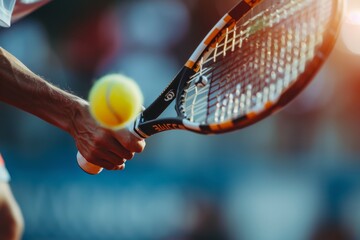 A close-up photo of a tennis player's hands as they swing a racket to hit a ball. The image captures the intensity and determination of the player
