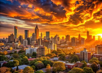 Fototapeta premium Vibrant orange hues illuminate a tranquil urban landscape as the sun sets behind a hill, casting a warm glow over the city's skyline and buildings.