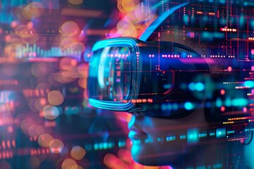 A close-up of a person wearing a virtual reality headset, with a futuristic digital interface overlaying their vision