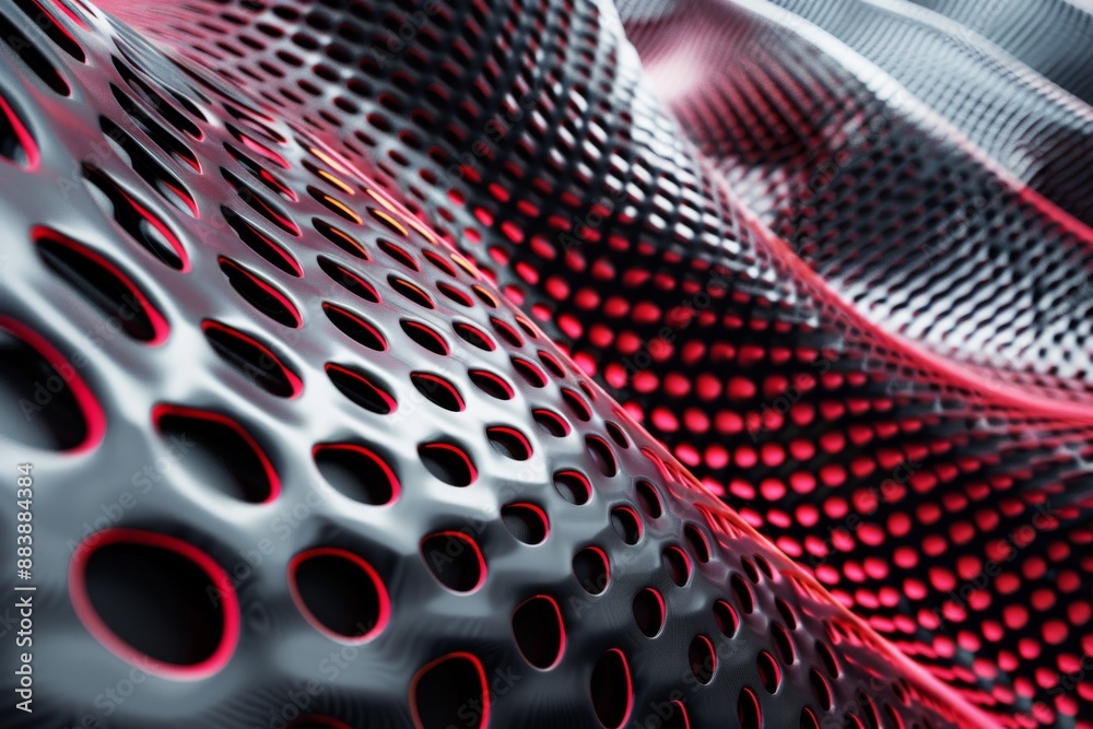 Poster close-up of a metallic surface with a repeating pattern of circular holes, creating a dynamic and ab